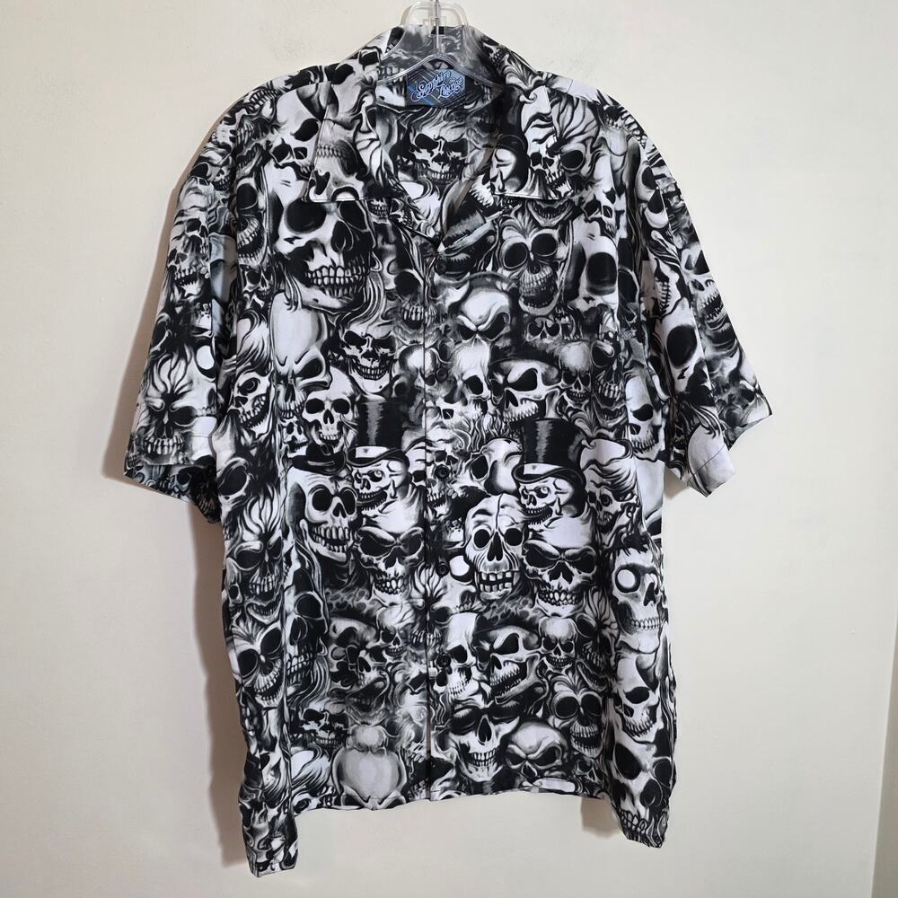 Vintage Y2K Sapphire Lounge all over skull print button front shirt Mens size L